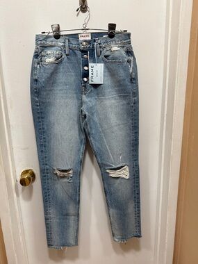 Frame Denim Faded Light Blue Distressed Ankle Jeans